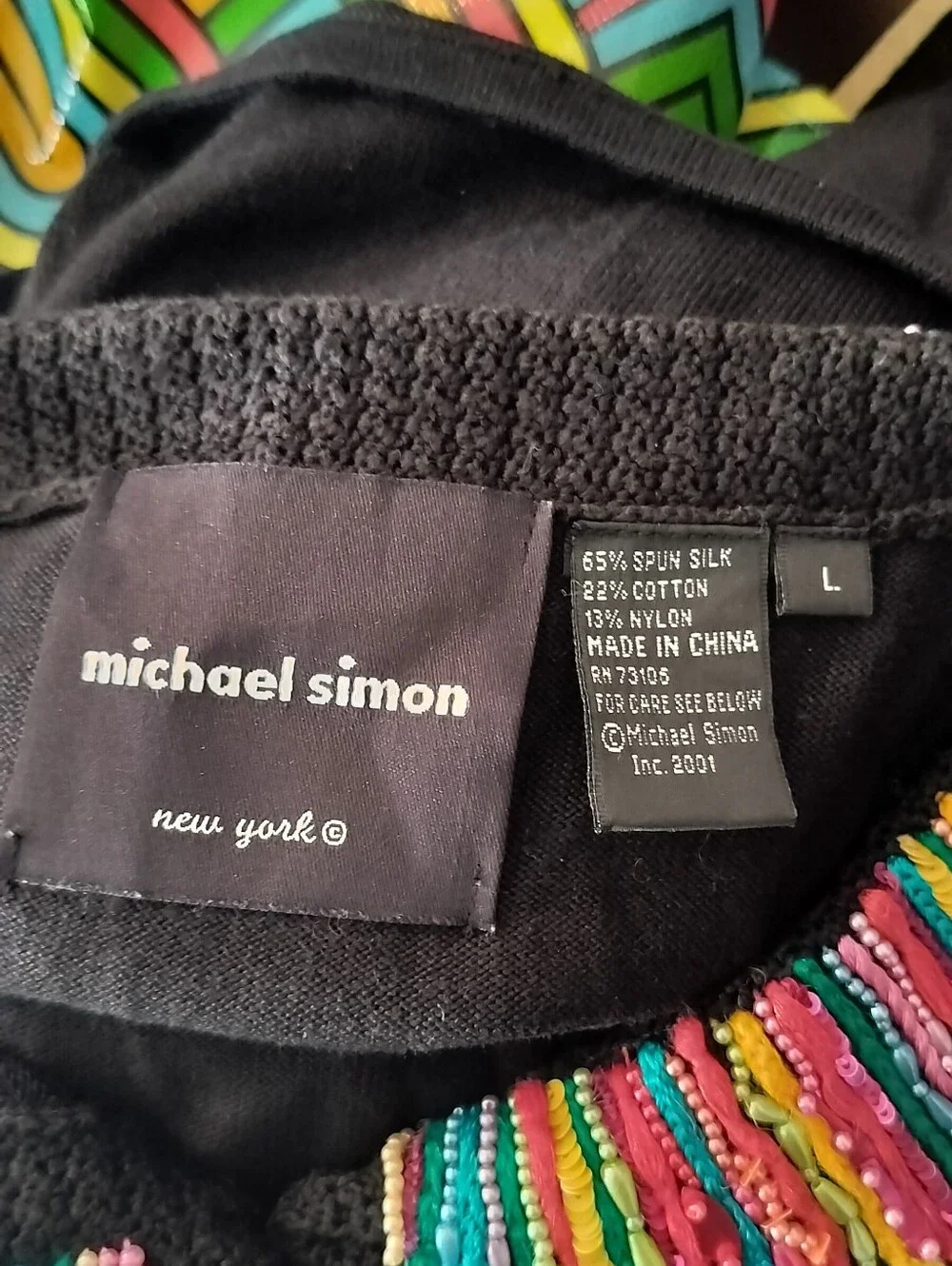 Michael Simon Black Button-Front Sweater with Multicolor Beaded Collar